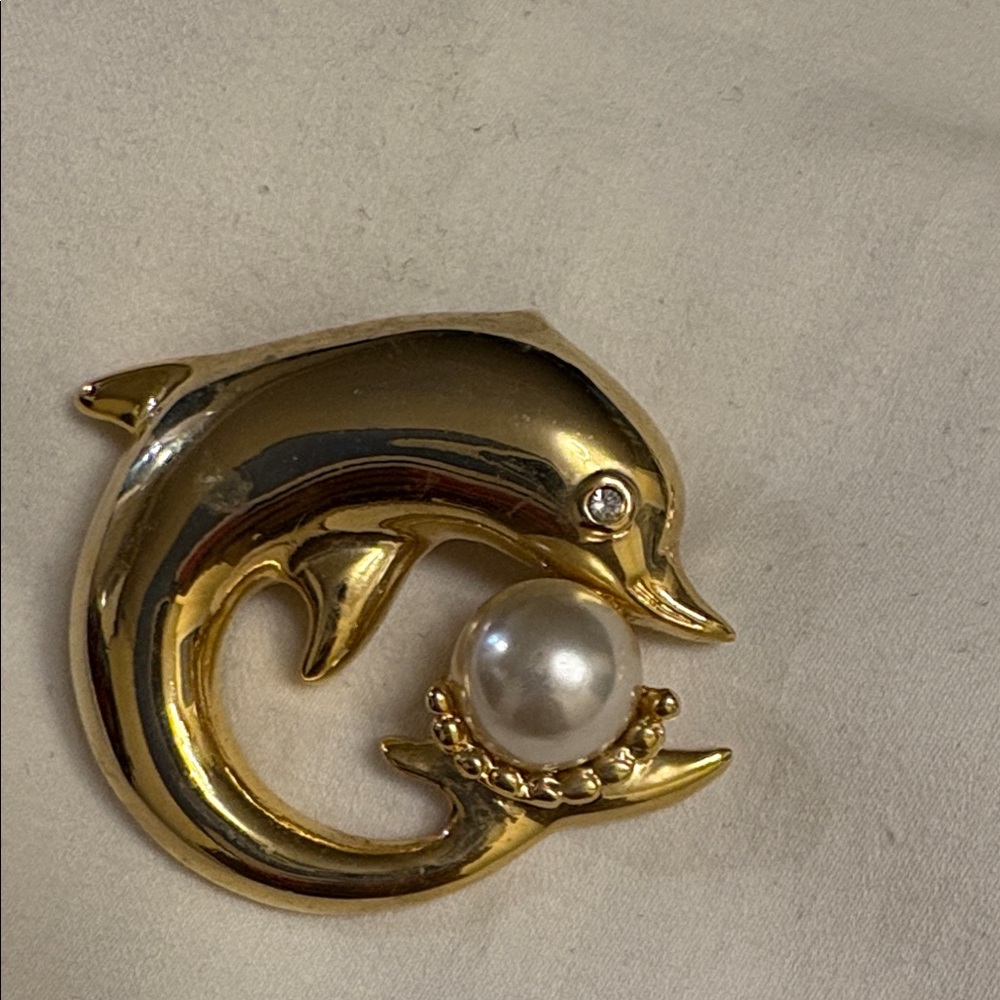 Gold Dolphin Brooch with Pearl Accent